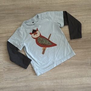 Tea Owl Graphic Long Sleeve Shirt - Light Blue & Black